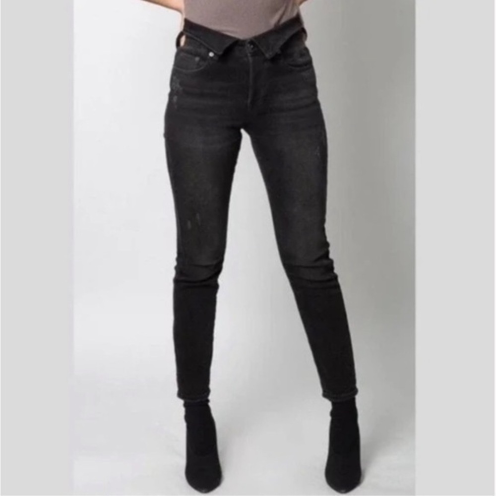 Pistola Nico Fold Over High Rise Mom Cut Cropped Black Jeans